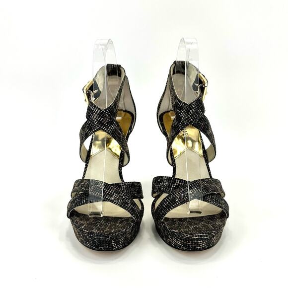 Michael Kors Evie Stiletto Heel Sandal Sz 8.5 Black/Gold Platform Spark Glitter - Picture 3 of 16